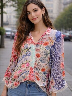 Johnny Was Blue Silk Blouse with Paisley Trim, Blue & Red & Floral Print.